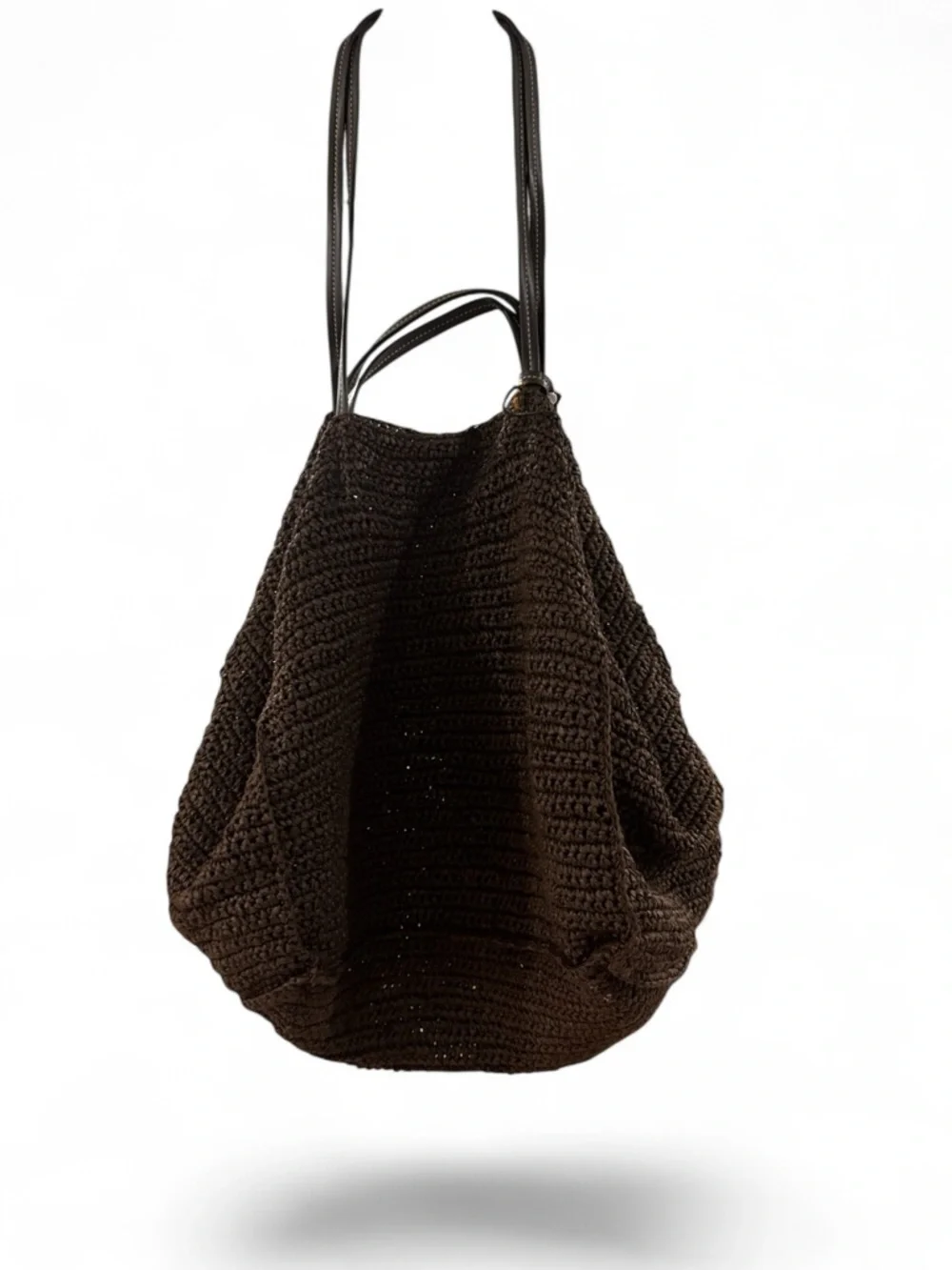 Zara Chocolate Brown Crochet Beach Tote with Leather Straps and Large Wallet - Picture 3 of 5